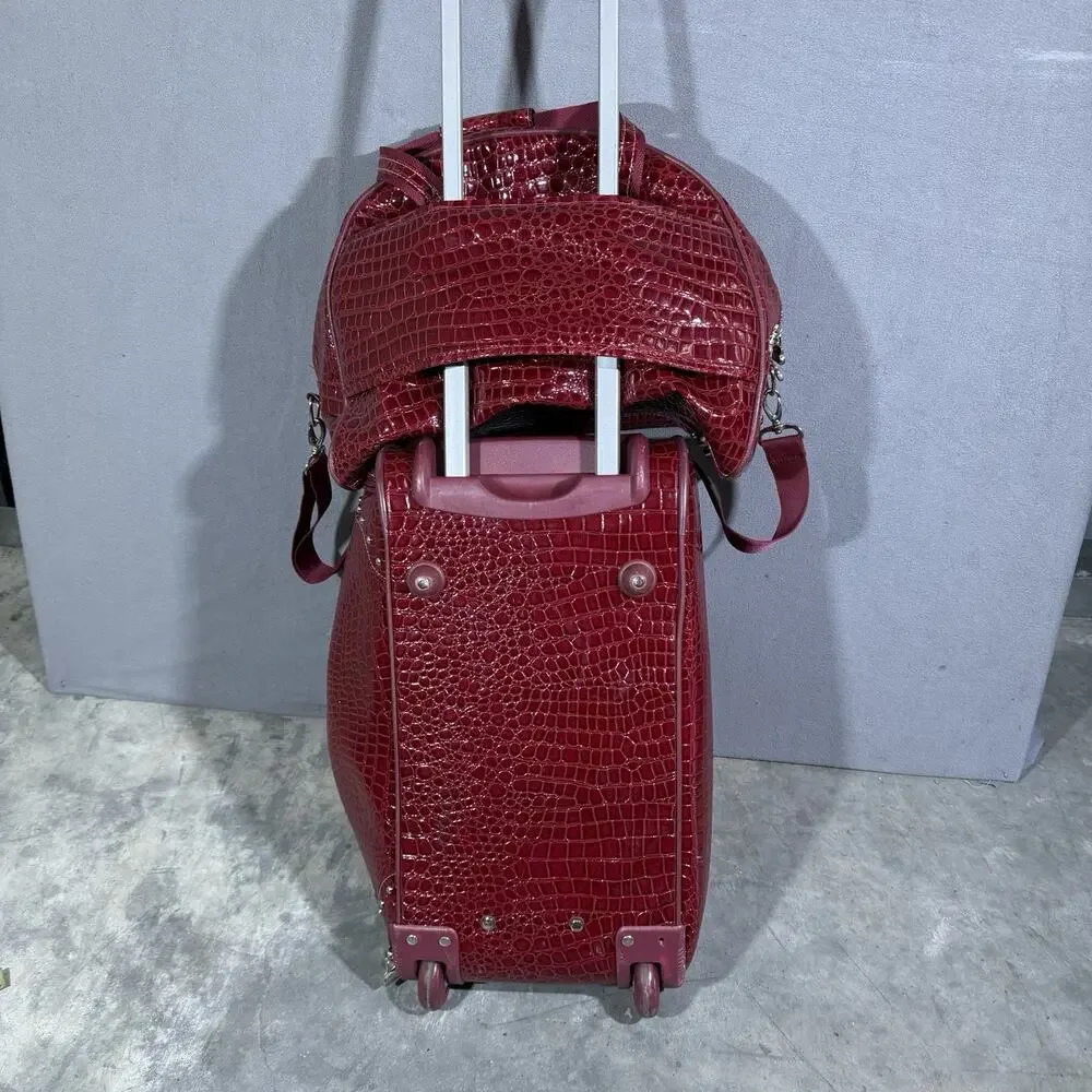 Kathy Van Zeeland Red Croco PVC 2 Piece Luggage Carry On Suitcase & Duffel Bag
